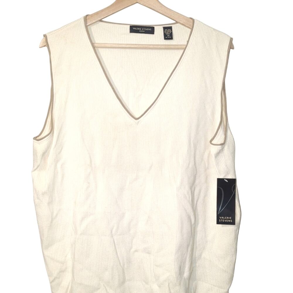 NWT Valerie Stevens 2X Cream Silk Blend Sweater Vest w/ Tan Piping [0002]